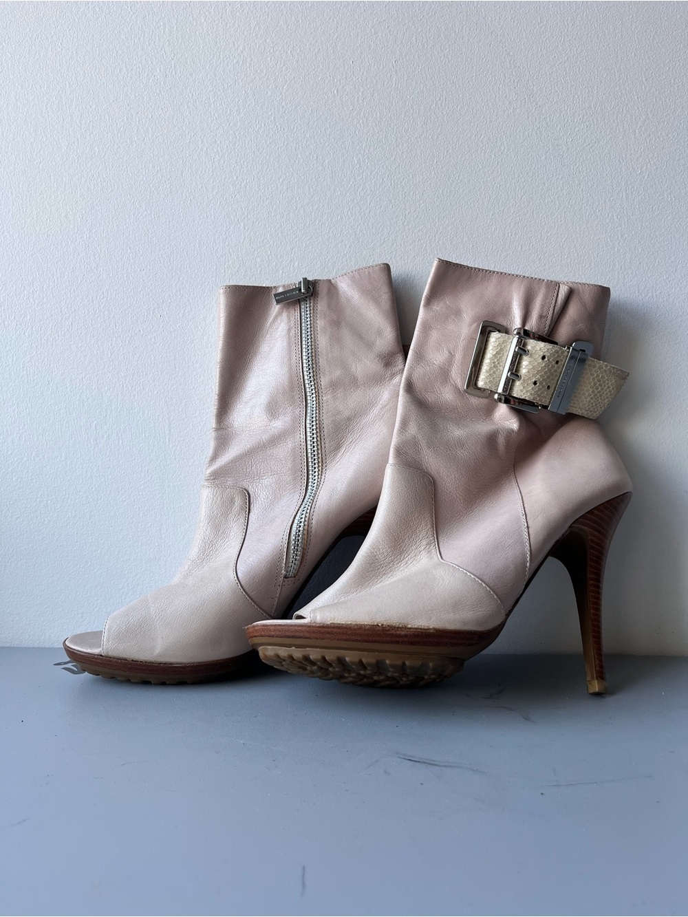 Michael Kors Blush Peep-Toe Leather Ankle Boots with Buckle